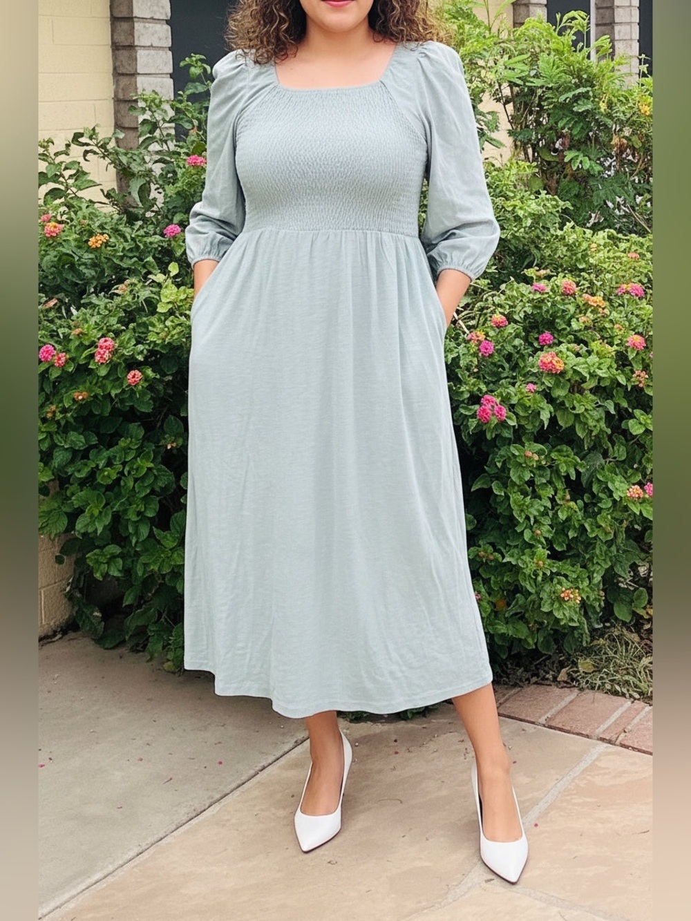 Smocked Bodice Long Sleeve Maxi Dress in Seafoam